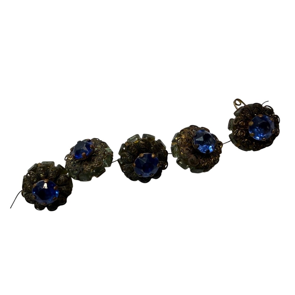 Vintage Victorian Style Brass Filigree Blue Rhinestone Green Glass Buttons 5pc